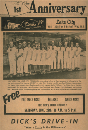 Black and white flyer headed "It's our first anniversary" with photo of 8 men and 5 women standing in front of restaurant dressed like sailors in white shirts and pants or skirts, caps, and bandannas 