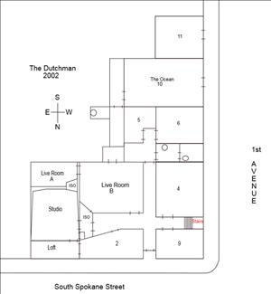 A drawing of the first-floor plan of The Dutchman rehearsal and recording studio at the corner of First Avenue and South Spokane Street, 2002