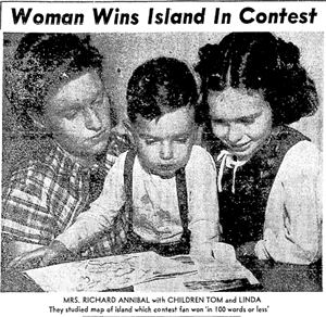 Black and white photo from newspaper, showing woman and two children looking at a map under headline reading "Woman Wins Island in Contest" 