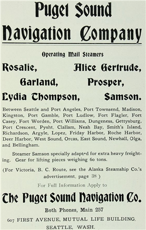 Ad headed "Puget Sound Navigation Company," listing the company's mail steamers and the ports they serve