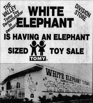 Advertisement for a toy sale at White Elephant store 