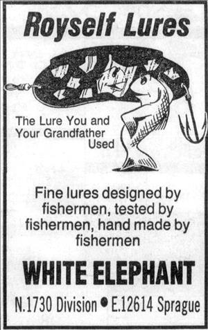 An advertisement for the White Elephant store shows a fish with its hand on its hips under the words 'royself lures'