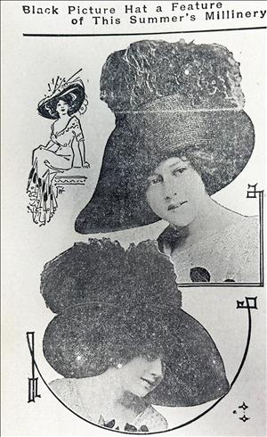 Newspaper clipping headed "Black Picture Hat a Feature of This Summer's Millinery," above a small line drawing of a woman wearing a large elaborate hat, and two head-shot photos of young women in similar hats