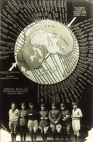 Seven men in pilot uniforms stand beneath a giant map of the world with cities and mileage written across it