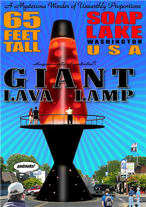 A rocket shaped lava lamp in the middle of an intersection with people standing on a walkway circling the lava lamp
