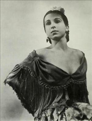 A young woman in an opera costume. 