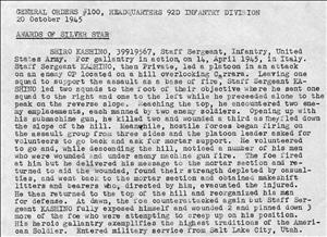 A typed document that says Award of Silver Start Shiro Kashino followed by text describing wartime acts of bravery. 