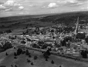 Birds eye view of a small town surrounded by farmland and forest. 