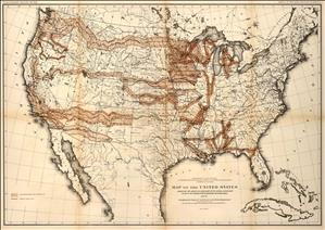 Map of the united states with large brown shaded lines superimposed over rivers, borders, and mountain ranges. 