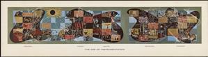 A long rectangular colorful painting featuring symbols of science including planets, human bodies, charts, and equations. 