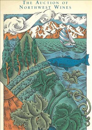 A pastel paper collage with overlapping layers of mountains, salmon, wind, trees, leaves, and vines with the text Auction of Northwest Wines on the top. 