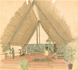 Drawing of the interior of an A frame house. The ceiling is high and peaked. The walls are slanted. There's a large modern fireplace at the far end of the room. In the room are house plants and furniture and a few people. 
