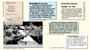 Six newspaper clippings against a yellow background. One has a picture of a man shaking the hands of people seated at a long outdoor table. The others announce events like the Arab Festival, a women's political caucus, a campaign fundraiser, and a summer song fest and ethnic food fest. 