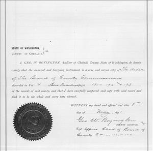 A signed document with a large seal with the heading State of Washington County of Chehalis