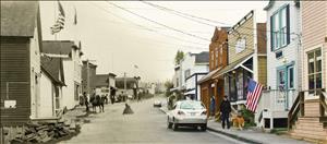 Blended view of Front Street in Coupeville. Left side is old black and white image showing storefronts and pedestrians, which blends into modern, color view of other side of street, illustrating that the buildings of old Coupeville have been retained