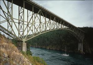 A tall steel bridge spans a narrow waterway through which a sailboat passes. The far bank is forested. 