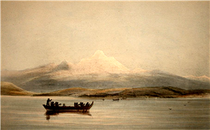 A painting of a canoe with several paddlers on a body of water above which looms a tall snowy mountain peak. 