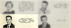 A head and shoulders portrait of a young white man in a suit coat and tie. There are three other portraits in the image that have been blurred out. 