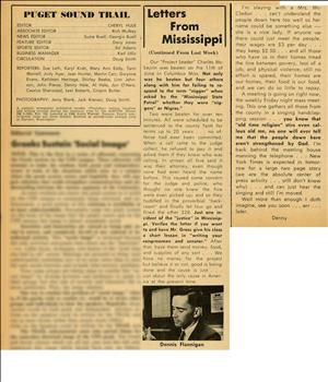 A newspaper clipping says Letters from Mississippi above text describing an experience in Mississippi. Beneath the text is a picture of a young white man and the caption Dennis Flannigan. 