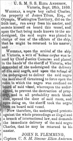 Court statement regarding Charles Mitchell submitted by Captain John R. Flemming, SS <i>Eliza Anderson</i>, September 26, 1860