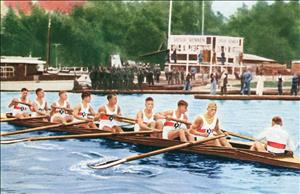 Photograph of crew from Germany's Wiking Rowing Club in eight-man shell, Olympic Games, Berlin, 1936
