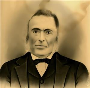 Head and shoulders sketched portrait of a man with white sideburns and a cravat.