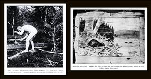 Two pages from a book. The image on the right is of a man in only underpants standing on a log and leaning over with sticks in his hands. The text below says he is demonstrating how to start a fire by rubbing sticks. The image on the right is a rough sketch of a beaver on its nest beside a river. The text below says this sketch was made on birch bark using burnt sticks. 
