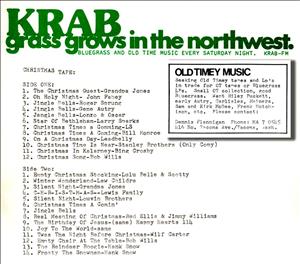 A document with big green font at the top that says crab grass grows in the northwest. Below that are names of songs and a small classified ad requesting old time and bluegrass music. 