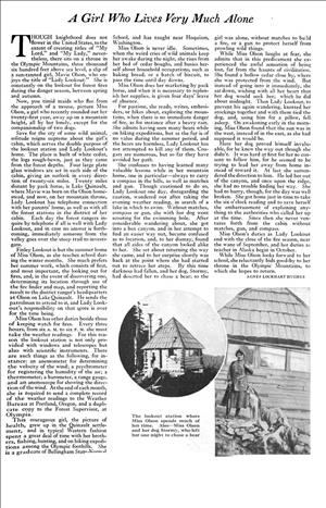A page from a magazine. The article is titled a girl who lives very much alone. The text is about Mavie Jones living at Finley Peak fire lookout. Two small images show a one room wooden structure with a stovepipe coming out of the peaked roof and a woman standing in front of the structure. 