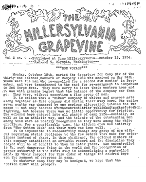 A page of typewriter text under a hand drawn heading that says The Millersylvania Grapevine with roughly sketched grape vines around the text. The text describes the departure of Black enrollees from the camp at Millersylvania. The Black men who worked in the mess hall are referred to as the cotton club. 