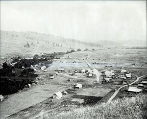 Black and white photo looking down from an elevated location at a small town's scattered buildings surrounded by fields, with a tree-lined river valley running along the left side 