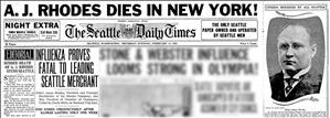Newspaper front page says in large print A. J. Rhodes dies in New York. Above a portrait of a man it says Citizen Mourned By All Seattle. 