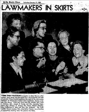 Eight women laugh and look in a mirror below a newspaper headline that says Lawmakers in Skirts. 