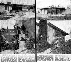 Newspaper clipping with photographs of mid century homes. In one a woman sits outside with her dog. In another, a woman stands in front of her fireplace. The caption explains that these homes are part of a home tour in the hilltop community. 