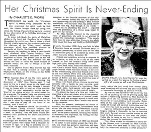 Newspaper clipping says Her Christmas Spirit is Never-Ending with a photo of an elderly woman in a hat. 