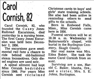 Newspaper obituary with title text that says Carol Cornish 82.
