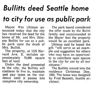 Newspaper clipping headline says Bullitts deed Seattle home to city for use as public park. 