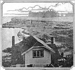 In the foreground a two story wooden house looks down on a muddy low tide beach. Clusters of forest and hand drawn clouds in the distance. . 