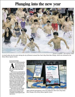 Newspaper clipping shows young people of all races and genders rushing into a swimming pool with shocked expressions on their faces. Headline says plunging into the new year. 