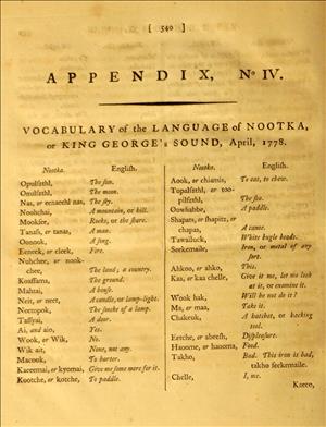 Opening page, Robert Anderson's Nootka dictionary, 1778