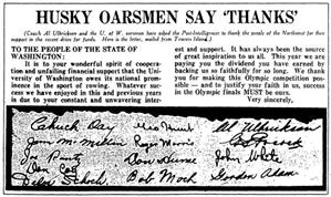 Letter printed in Seattle Post-Intelligencer thanking the public for its support in financing the Husky Varsity Eight rowing crew's trip to the 1936 Olympic Games in Berlin. Beneath the text are the signatures of all nine crew members, two alternates, shell builder George Pocock, and coach Al Ulbrickson
