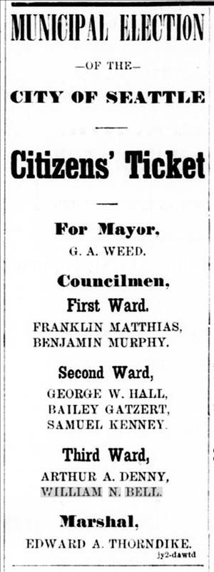 Printed card listing the candidates running for positions in Seattle in the 1878 town election