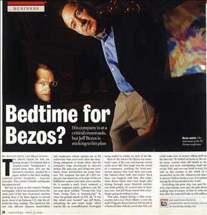 A magazine feature shows a man in a suit jacket bending over while another man in glasses peers out of the shadows. Text says bedtime for bezos?