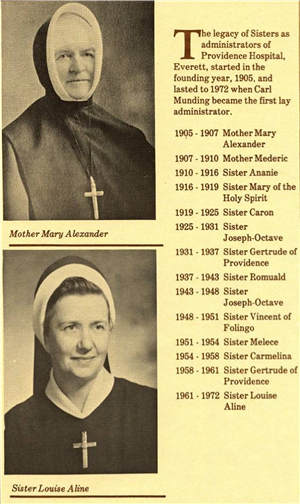An informational flyer showing two white nuns in habits and with crosses around their necks beside a text timeline