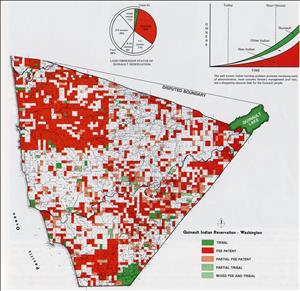 A map made up of green, white, and mostly red squares. One on edge it says Pacific Ocean. Along the top it says Disputed Boundary. A pie chart demonstrates that the red squares represent alienated land. 