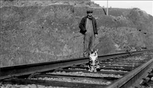 A cat sits on railroad tracks. A worker in a cap and coveralls stands behind the cat. 