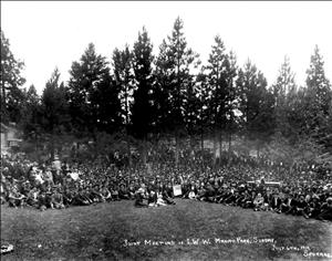 A large crowd of men, women, and children sit in a semi circle in a park surrounded by tall trees.  park. 