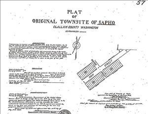 A small hand-drawn map of three buildings with a street between them. Above it says Plat of Original Townsite of Sapho Clallam County Washington. 