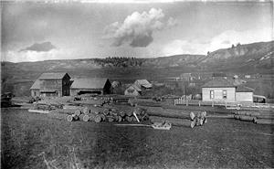 Black and white photo of several wood-frame buildings in middle distance, with a small pile of cut logs in front of them and fields rising to mostly bare hills beyond