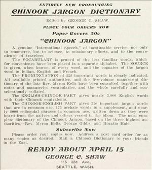 Advertisement, Shaw Chinook Jargon Dictionary, 1909